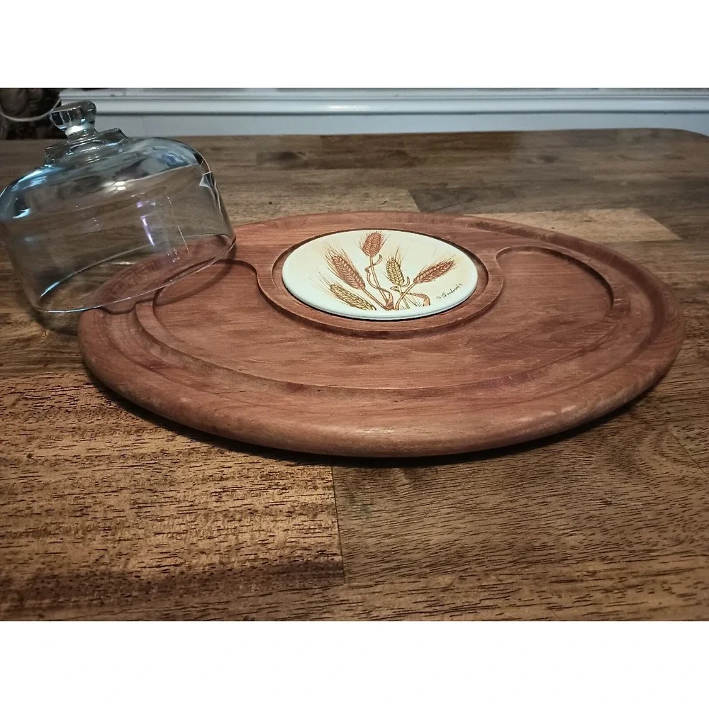 Vintage 70s Teakwood - Goodwood Cheese Charcuterie Board‎ Tray Glass Cover